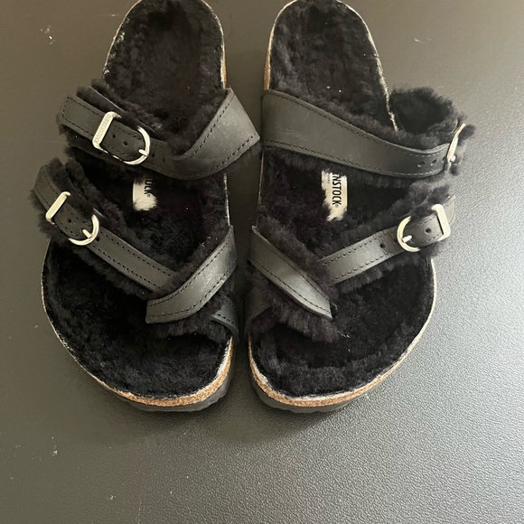 Birkenstock Shoes - Black Faux Fur Cork Footbed Buckle Sandals